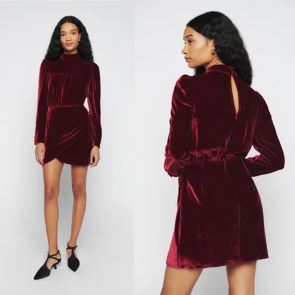 Reformation Dress Evora Velvet Long-Sleeve Keyhole Buttoned Mini Chianti 12 NWT - Picture 9 of 9